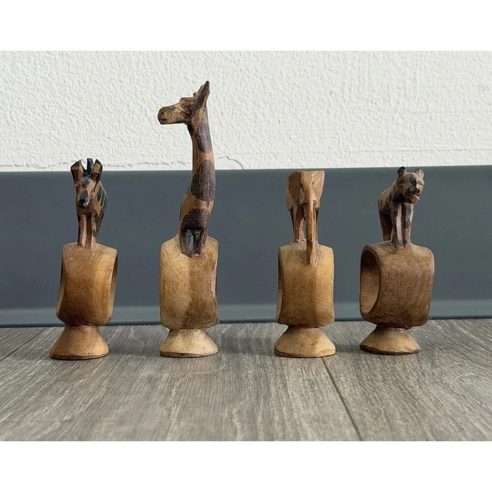 Vintage set of 4 Hand Carved Wooden African Safari Animal Napkin Ring Holders
